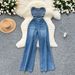 Women's Clothing Chic Internet Celebrity New Design Sense Hollow Sleeveless High Waist Slimming Hole Casual Denim Jumpsuit_ecoleips.com