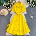 Women's French Style Lace Trimmed Collared Shirt Dress Slimming Belted Waist Summer Long Commuter Friendly Dress_ecoleips.com