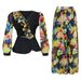 New Plus Size Women's Chiffon Print Two-Piece Dress V-Neck Flowy Maxi Dress With Long Sleeves, Elegant & Sweet Style ( Polyester Blend)_ecoleips.com