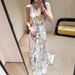 French Vacation Style V-Neck Halter Ruffle Dress Chiffon 3D Flower Backless Sexy Evening Gown For Women_ecoleips.com