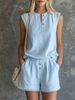 Women's Solid Color V Neck Button Up Short Sleeved Shorts Set Casual Two Piece Spring/Summer Fashion_ecoleips.com