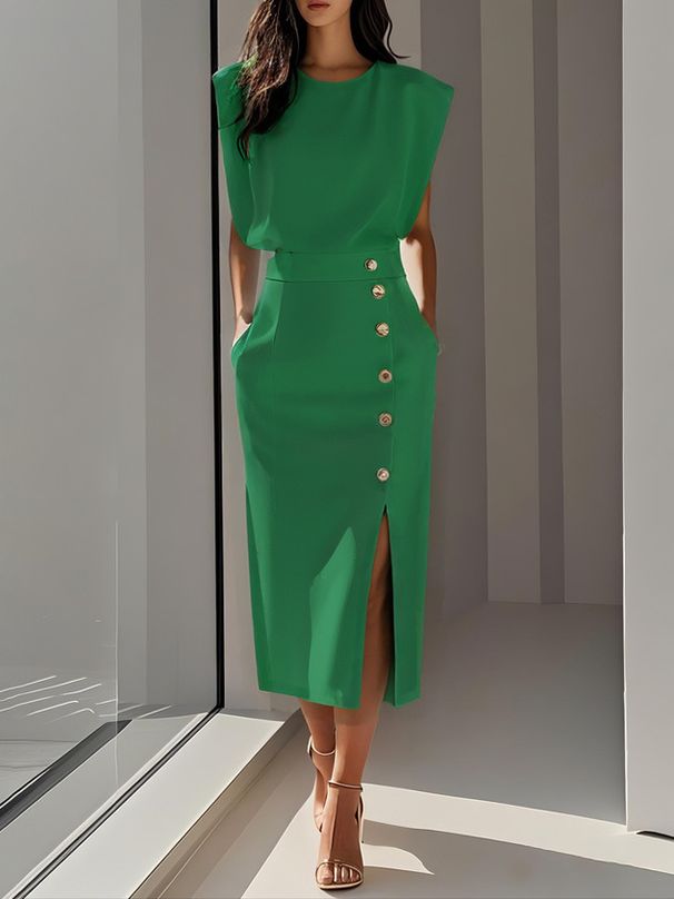 Women's Clothing Women's Round Neck Sleeveless Dress With Button Detail And Slit Long Skirt Solid Color For Formal & Casual For Women_ecoleips.com