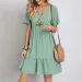 2026 Loose V-neck Short Sleeved Pleated Women Dress Solid Color A-line Beach Dresses Elegant Simple Comfortable Woman Clothing_ecoleips.com