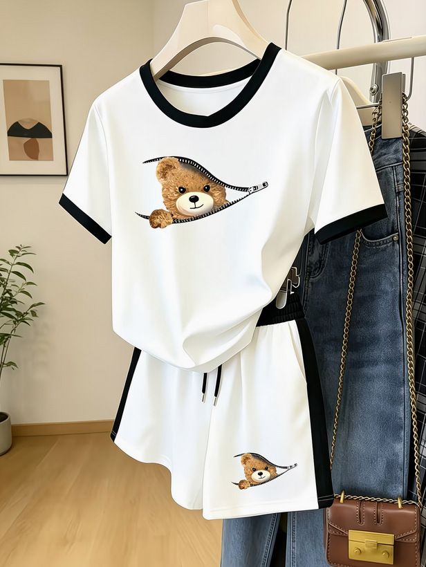 Zipper Bear Print Women's Short Sleeved Loose Top And Sweatpants Set Comfortable Casual Laid Back Style 8010_ecoleips.com
