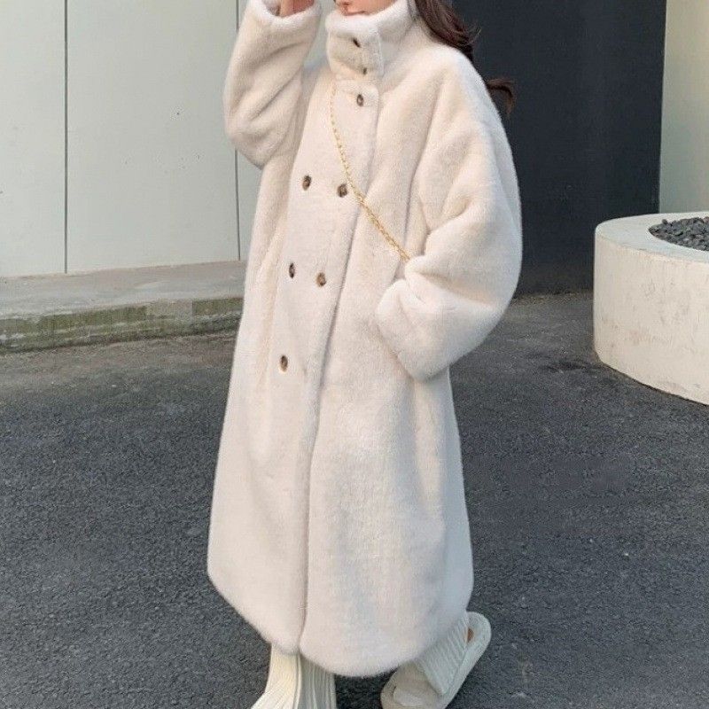 Winter Stand Collar Faux Mink Fur Long Coat Loose Plus Size Double Breasted Fleece Coat_ecoleips.com