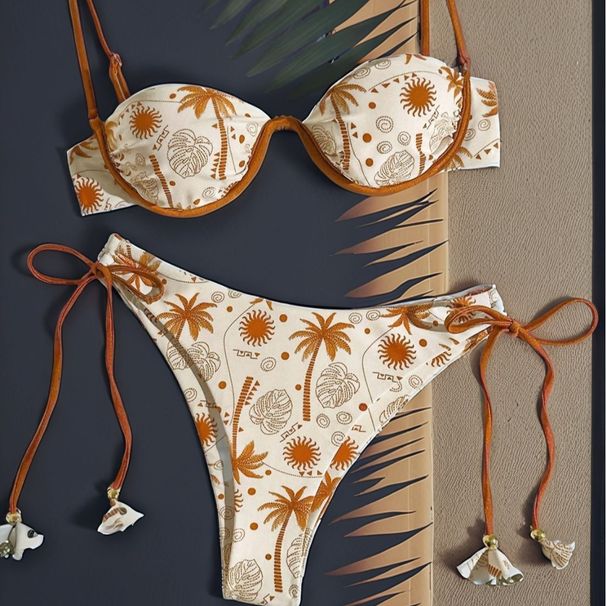 Women's Clothing Printed Steel Ring Gathered Drawstring Swimsuit Set With Built In Chest Pads And Straps For The Beach 2 Piece Bikini_ecoleips.com