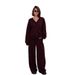 Women's Long-Sleeved Casual V-Neck Solid-Color Hoodie Top With Wide-Leg Pants, Two-Piece Set_ecoleips.com