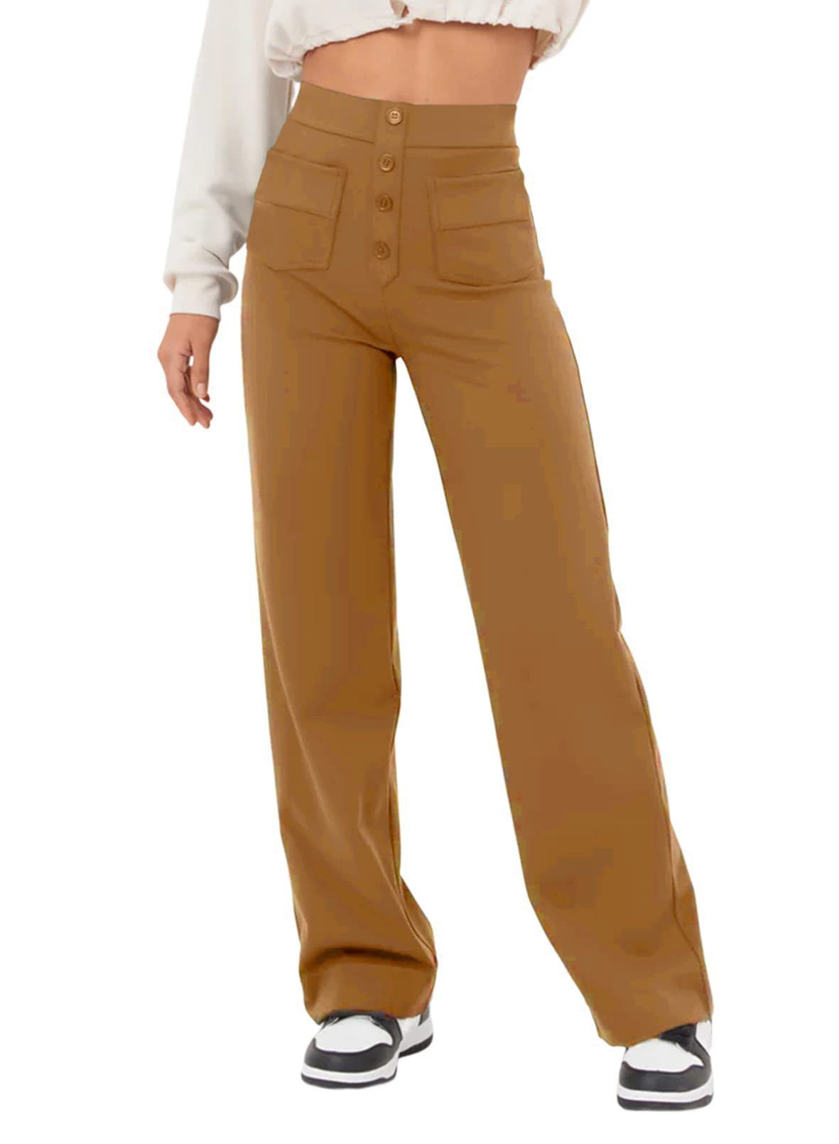 Women's High-Waisted Straight Leg Pants With Multiple Pockets, Stretch Comfort Casual Trousers With Button Closure_ecoleips.com
