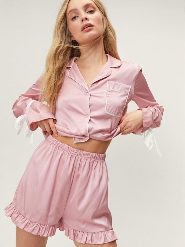 Women's Satin Notch Collar Long Sleeve Pajama Set - Comfortable Lounge Wear For Home & Outings_ecoleips.com