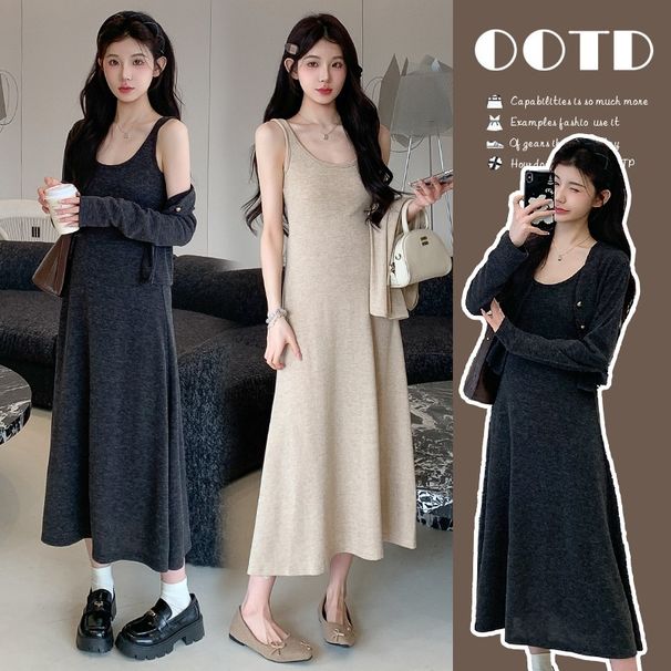 Autumn New Korean Fashion Mid-Length Vest 2-Piece Maternity Dress_ecoleips.com