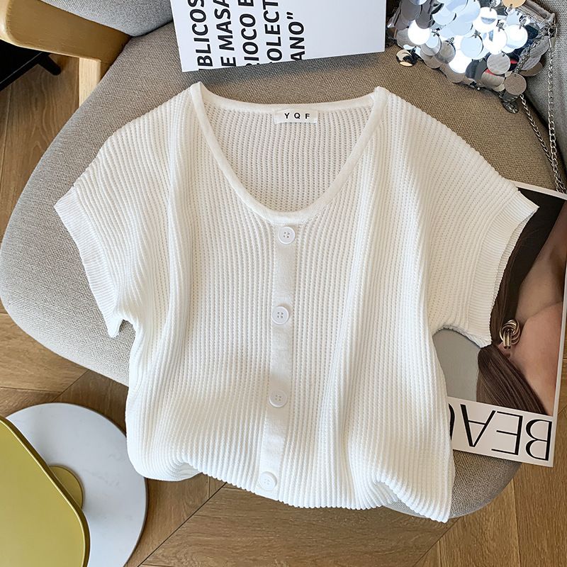 Women's Western Style Ice Silk Knit Sweater Simple V Neck Short Sleeve T Shirt Korean Style Summer Top Real Shot Spot_ecoleips.com