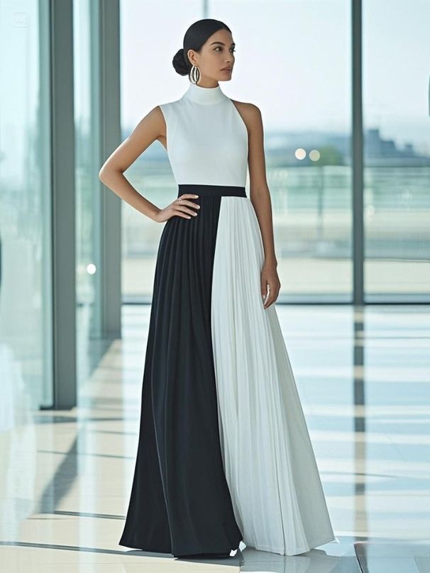 Freeacy High Neck Sleeveless Asymmetric Dress For Women Contrast Color High Waist Pleated Party Dress Ruffled Evening Gowns_ecoleips.com