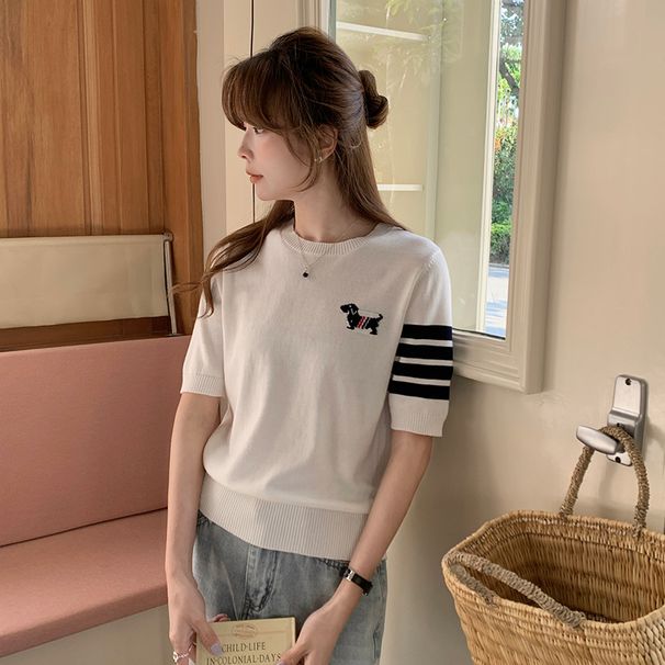 Summer 100% Cotton Women's T-shirt Casual Striped Knit Pullover Short Sleeved Loose Round Neck Tees Embroidered Luxury Brand Top_ecoleips.com