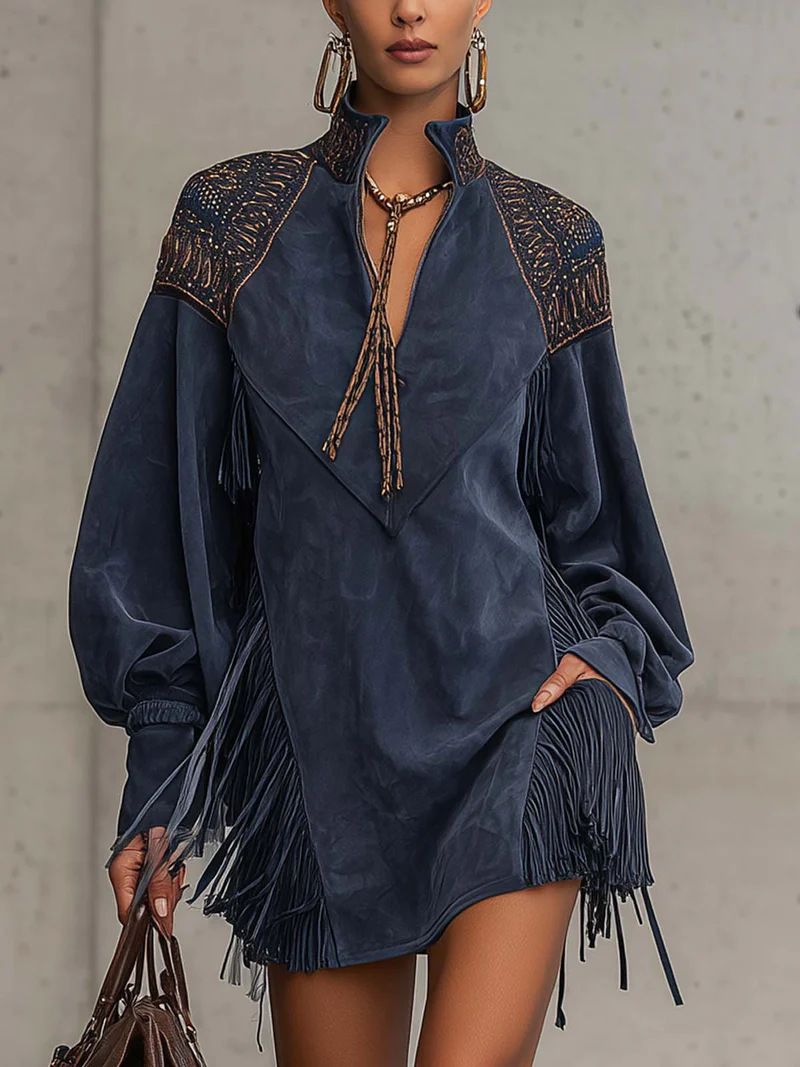 Women's Clothing Women's V Neck Tassel Embroidered Dress Elegant V-Neck Suede Fringe A-Line Midi Dress With Embroidery For Women_ecoleips.com
