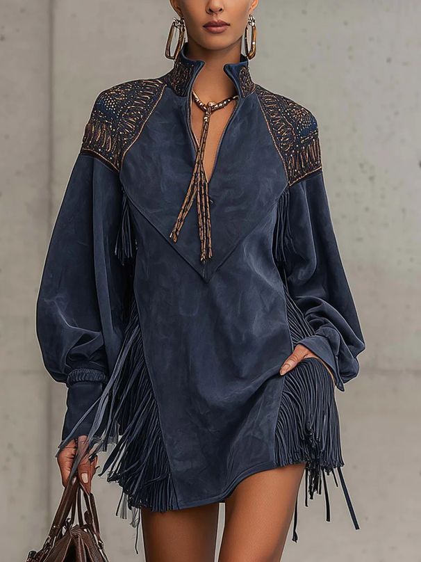 Women's Clothing Women's V Neck Tassel Embroidered Dress Elegant V-Neck Suede Fringe A-Line Midi Dress With Embroidery For Women_ecoleips.com