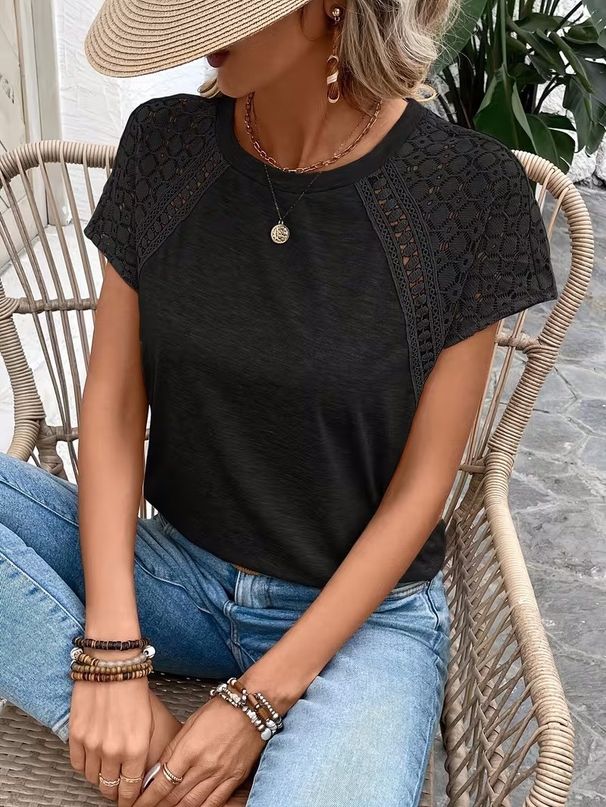 European And American Women's New Trend Short Sleeve T-Shirt Summer Lace Patchwork Round Neck Top_ecoleips.com