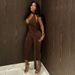 Women's Slim Fit Sports Commuter Jumpsuit V Neck Tie Up European American Style Trendy Solid Color_ecoleips.com