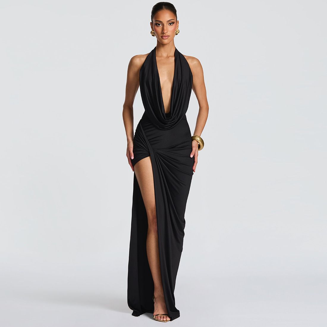Women's European American Style Dress Backless Slit Pleated Sexy Deep V Neck Halter Bodycon_ecoleips.com