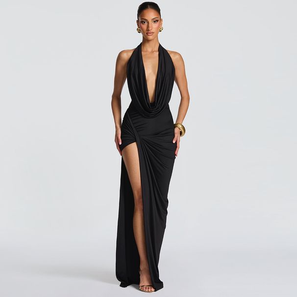 Women's European American Style Dress Backless Slit Pleated Sexy Deep V Neck Halter Bodycon_ecoleips.com