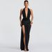 Women's European American Style Dress Backless Slit Pleated Sexy Deep V Neck Halter Bodycon_ecoleips.com
