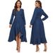 Plus Size Denim Maxi Dress With V-Neck & Tie-Waist, Long Sleeve Bodycon Dress With Asymmetrical Hem For Women_ecoleips.com