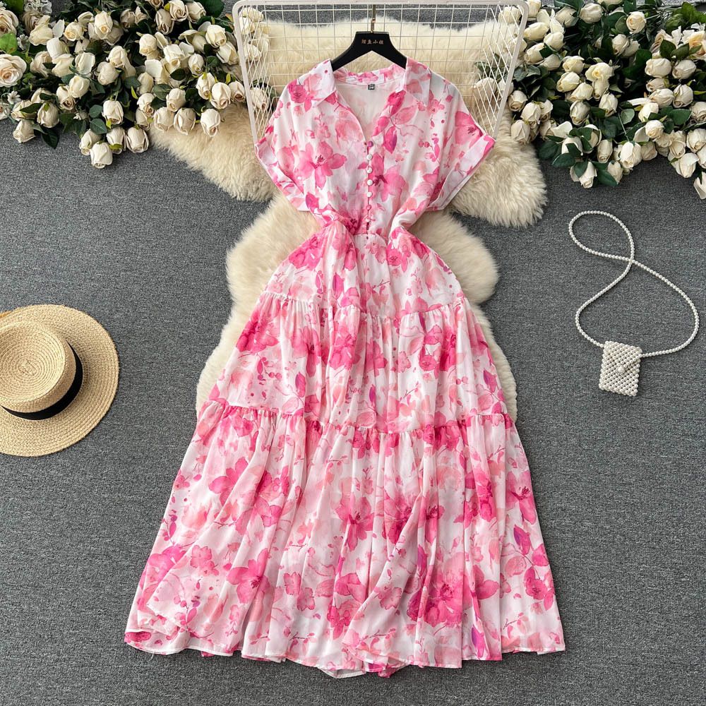 French Style Slim Waist Printed Chiffon Dress Elegant And Graceful A-Line Skirt New Summer Resort Wear_ecoleips.com