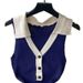 Women's Blue White Contrast Sundress Sleeveless Sexy Button Stretchy Ribbed Knit Bodycon Mini Dress Summer Party Dress Outfits_ecoleips.com