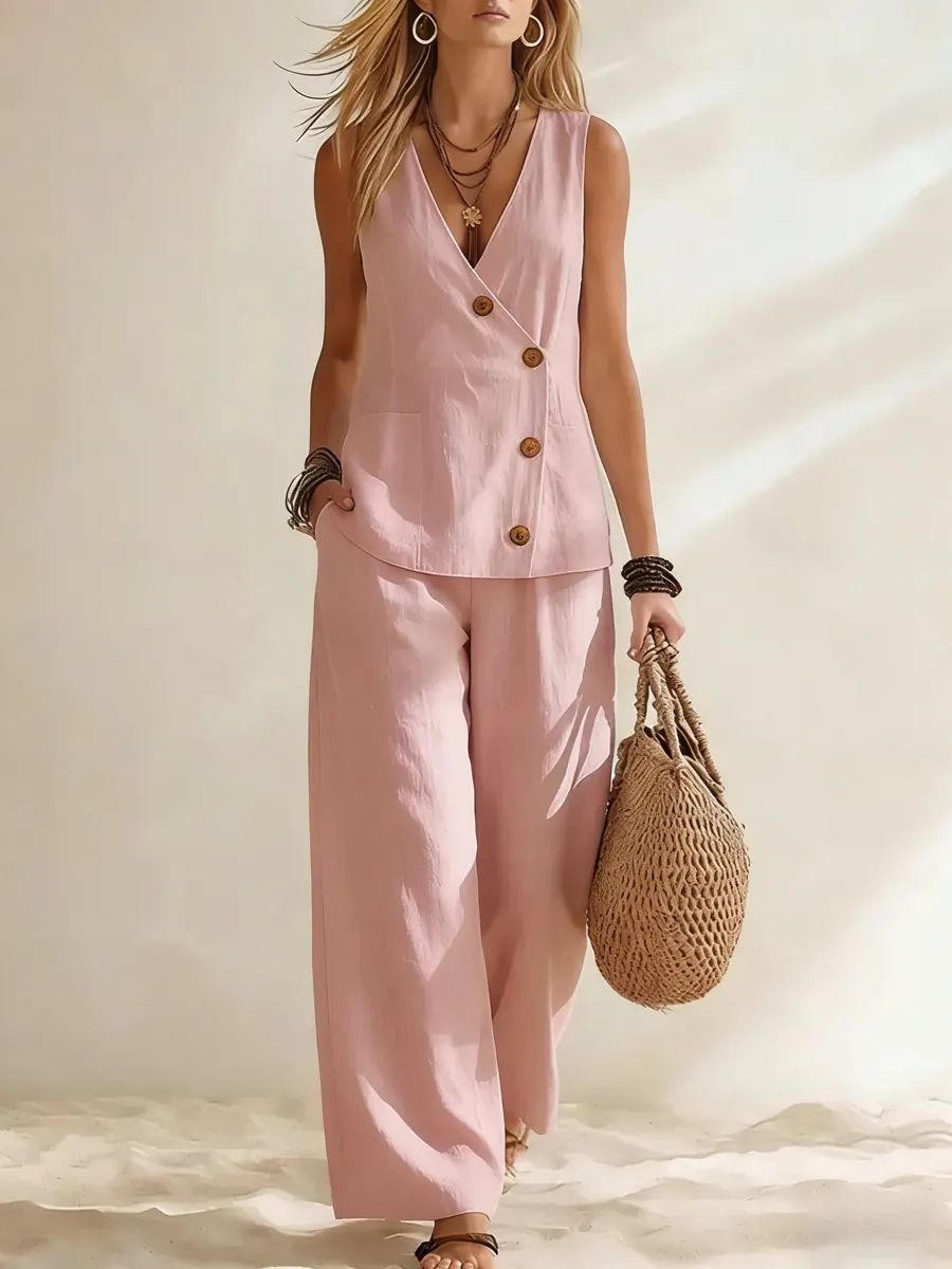 Breathable Summer Casual V-Neck Button Vest & Pants Set – Lightweight Comfort Outfit For Women_ecoleips.com
