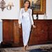 Women's high-waisted long-sleeved temperament sexy V-neck back slit long skirt sequined evening dress dress_ecoleips.com