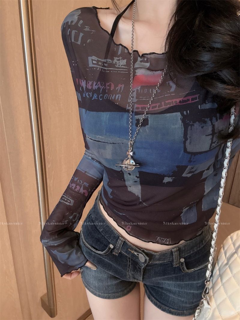 American Retro Tie-Dye Long-Sleeve Top With Chest Pads, Summer Style For Trendy Girls, Thin, Sun-Protective, Slim-Fit_ecoleips.com