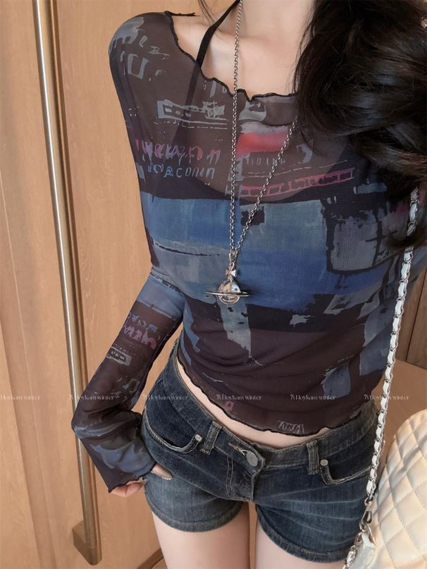 American Retro Tie-Dye Long-Sleeve Top With Chest Pads, Summer Style For Trendy Girls, Thin, Sun-Protective, Slim-Fit_ecoleips.com