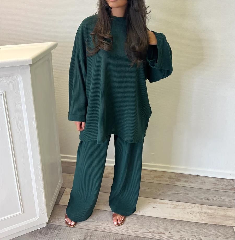 Women's Clothing Corduroy Two Piece Set Autumn Elegant Crew Neck Long Sleeve Top With Pants Solid Color_ecoleips.com