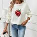 Women's Strawberry Jacquard Knit Sweater - Soft Acrylic Pullover With Loose Fit, Round Neck, Long Sleeves For Casual Comfort_ecoleips.com