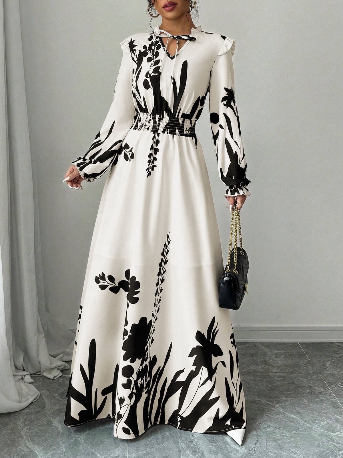 Autumn And Winter Printed Fashionable And Elegant, Waist-Cinching And Slimming Long-Sleeved Dress, Long Skirt_ecoleips.com