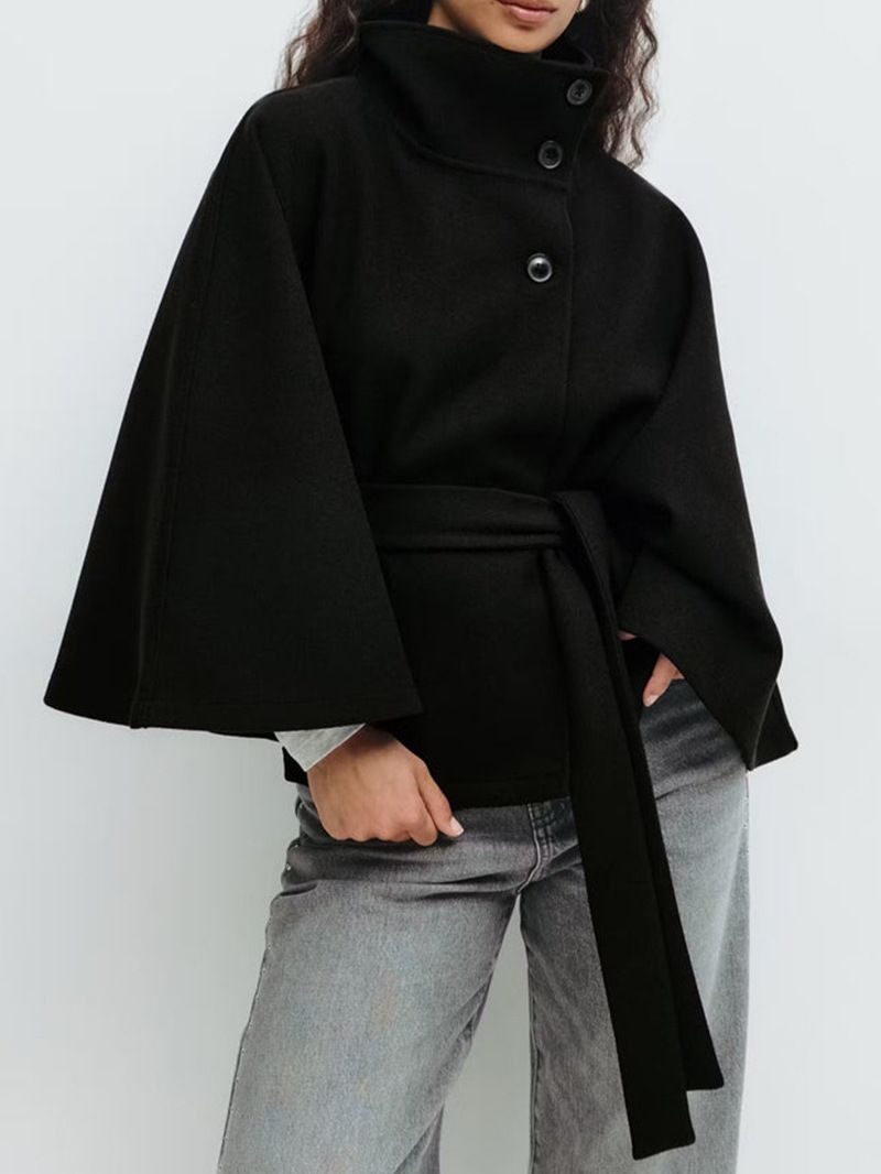 Elegant High-Neck Belted Wool Coat For Women - Slim Fit, Pure Color, Versatile Outerwear For Fall & Winter_ecoleips.com