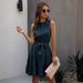 Elegant Ruffle Hem Round Neck Midi Dress With Waist Tie - Flattering A-Line Fit For Women, Royal Blue_ecoleips.com