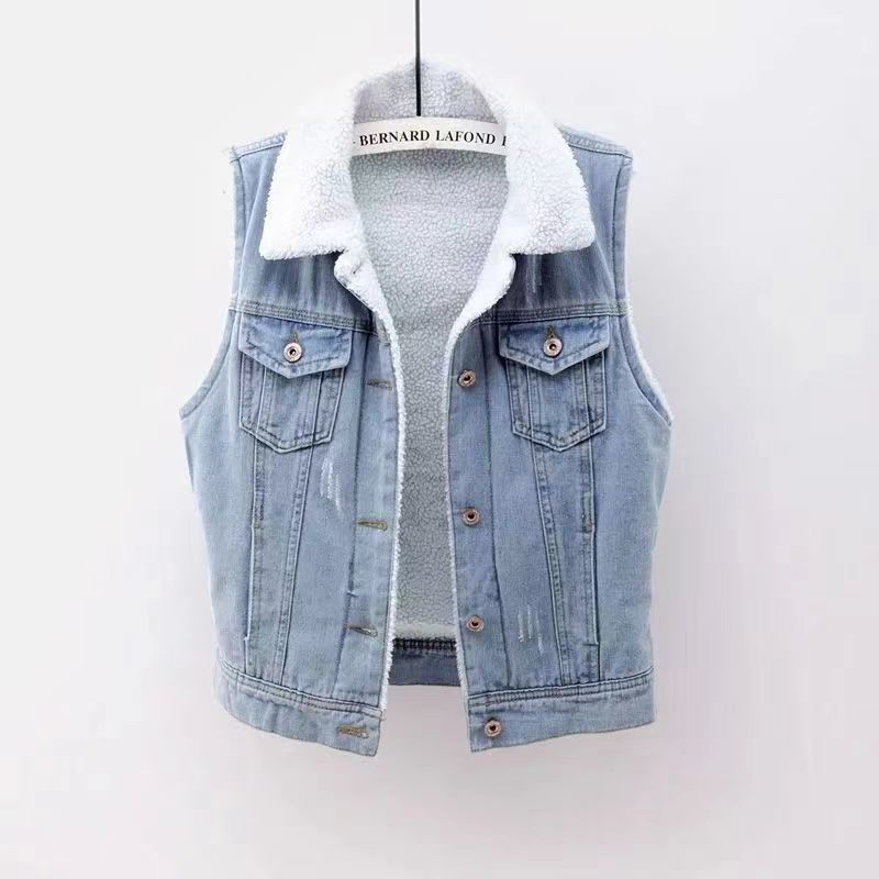 Autumn And Winter Lamb Wool Plus Velvet Thickened Patch Denim Vest Women's Loose Korean Cotton Vest Waistcoat Jacket_ecoleips.com