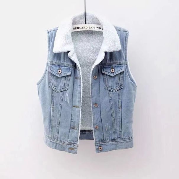 Autumn And Winter Lamb Wool Plus Velvet Thickened Patch Denim Vest Women's Loose Korean Cotton Vest Waistcoat Jacket_ecoleips.com