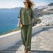 Summer 2 Piece Women's Casual Set with Drawstring Pockets European American Style Short Sleeve round Neck Top Wide Leg Pants_ecoleips.com