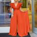 Women's sexy deep V pleated wide leg large size jumpsuit_ecoleips.com