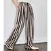 Suitable For All Seasons Hot Item Super Long Legs Flax Blend Color Block Striped Elastic Waist Drawstring Wide Leg Pants Women Fashion_ecoleips.com