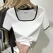 Women's U Neck Striped T-Shirt Short Sleeved Plus Size Top Versatile Hides Tummy New Summer Fashion_ecoleips.com
