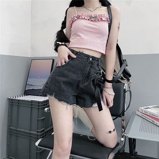 Bow Tie Strap Ripped Denim Women, Summer New Style, High Waist, Loose Fit, Wide Leg, A-line Shorts For Women_ecoleips.com