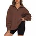 Voya Women's Quarter Zip Oversized Sweatshirt – Khaki Long Sleeve Pullover, Casual Loose Fit, EU Autumn Winter Loungewear Top_ecoleips.com