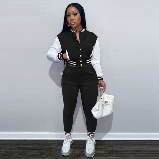 Women's Clothing Women's Jacket Single Breasted Stitching Long Sleeved Sports High Waisted Trousers Casual Baseball Suit_ecoleips.com