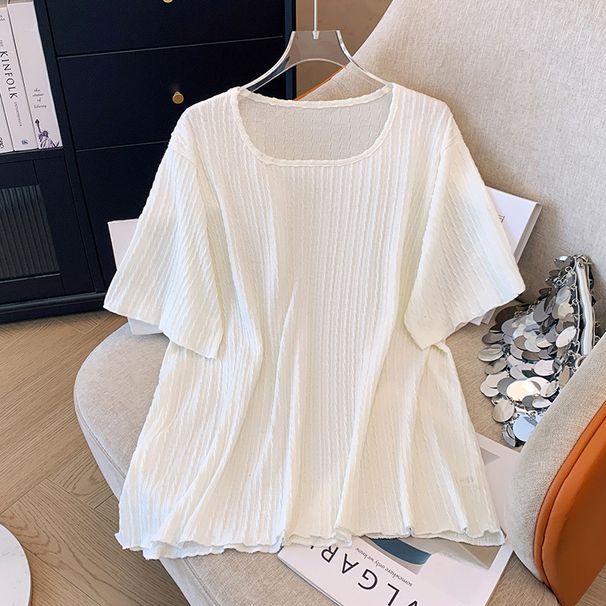 Women's Clothing Plus Size Loose Slim Oblique Needle Jacquard Square Collar Short Sleeved T Shirt_ecoleips.com