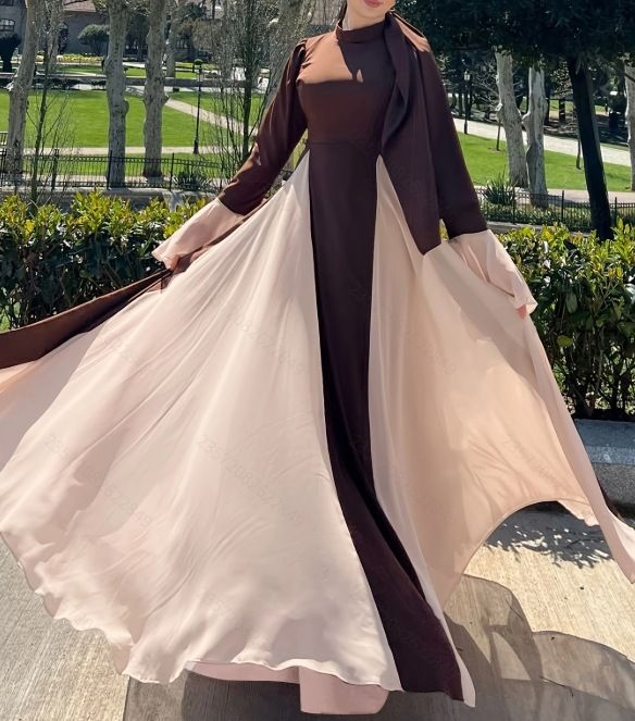 Stand Up Collar Zipper Trumpet Chiffon Sleeves Long Temperament Elegant Big Swing Dress_ecoleips.com