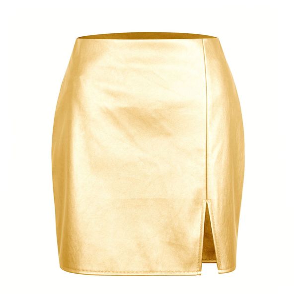 Verve 2025 Metallic PU Split Leather Women's Sexy High Waist Zipper Midi Bodycon Short Skirt_ecoleips.com