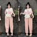 Women's Casual Outfit - Graphic Tee & Plaid Wide-Leg Pants Two-Piece Set Feather-Light Milk Silk Easy Coordination_ecoleips.com