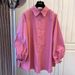 Peach Pink Shirt for Women Thin Korean Style Loose Fit plus Size Solid Color Shirt for Spring Autumn Petite Figure Layering Top_ecoleips.com